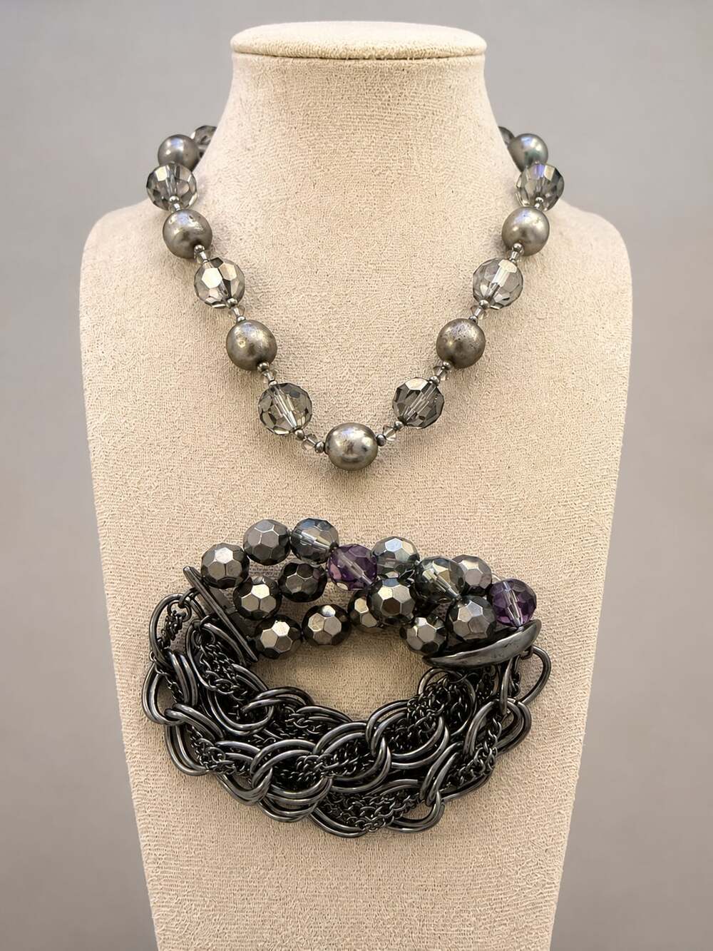 Vintage Chico’s Gunmetal Crystal Beaded Necklace & Multi-Strand Chain Bracelet